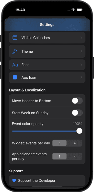 Tapcal calendar settings