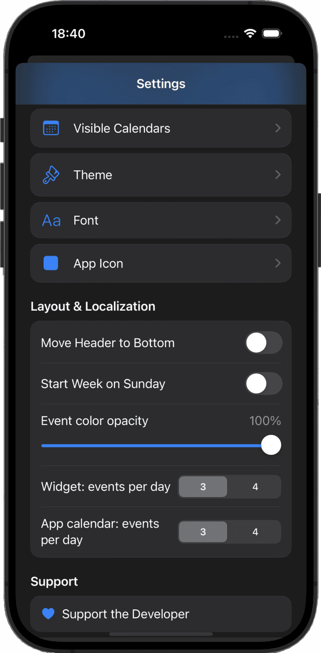 Tapcal calendar settings